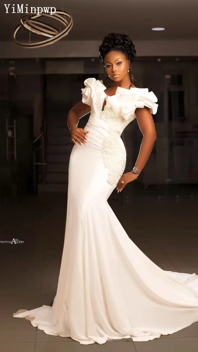 Robe de Mariée Sirène Africaine avec Corset au Dos et Traîne de Balayage, Vêtement avec Perles pour Réception de Mariage, pour Patients Personnalisés