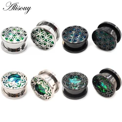 Alisouy 2pcs Retro Stainless Steel Opal Hollow Flower Ear Tunnels Plugs Expander Stretcher Gauges Earrings Body Piercing Jewelry