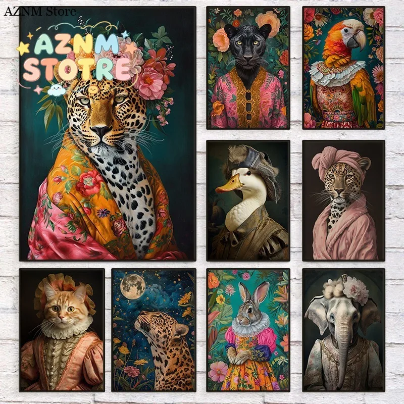 Maximalist Eclectic Fashionista Animal Portrait Poster Leopard Parrot Cat Retro Floral Canvas Painting Wall Art Room Home Dec