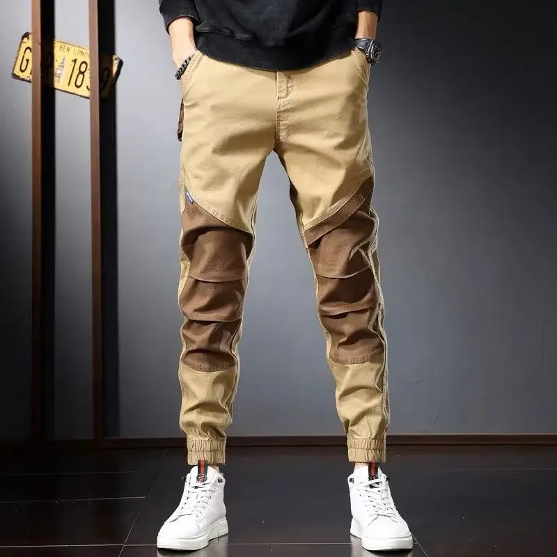 High-end Design Contrasting Color Splicing Overalls Men's Pure Cotton Trendy Brand Outdoor Casual Pants Men Cheap Man Clothes
