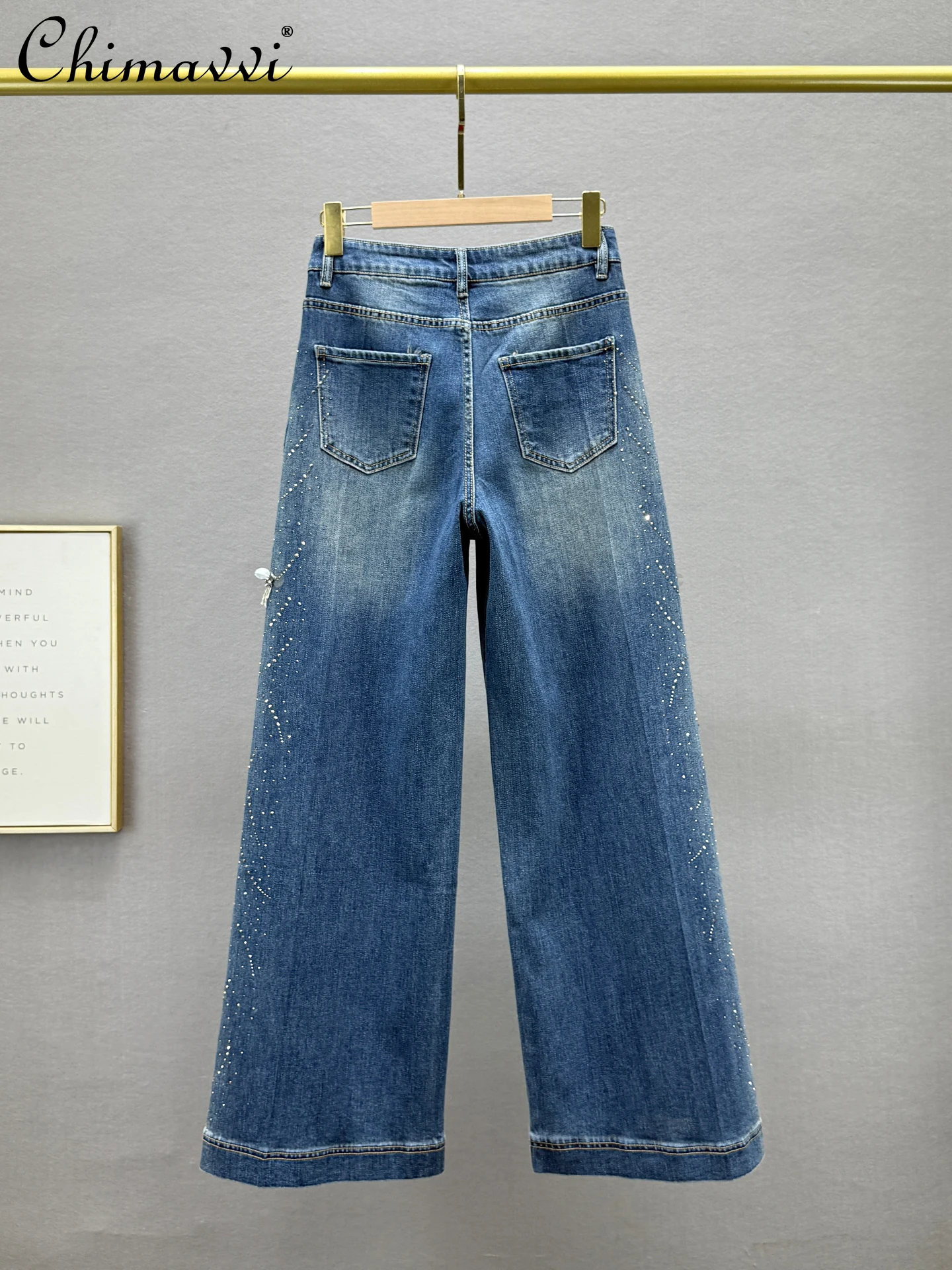 핫 라인스톤 청바지 여성 롱 팬츠 2025 가을 신상 하이웨이스트 루즈핏 유럽풍 헤비 와이드 레그 팬츠