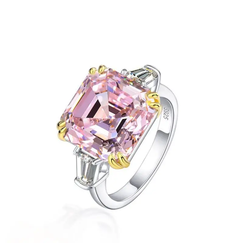 

925 Sterling Silver Pink Cubic Zirconia CZ 3 Stone Asscher Cut Diamond Engagement Ring Fine Jewelry