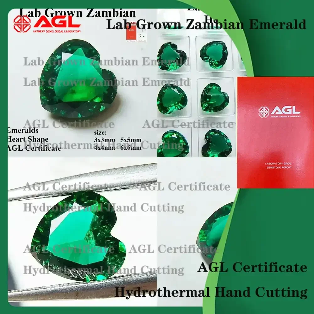 Lab Grown Zambian Emeralds Heart Shape Hydrothermal Hand Cut Natural Inclusions for AGL Certificate Lab Created Emerald