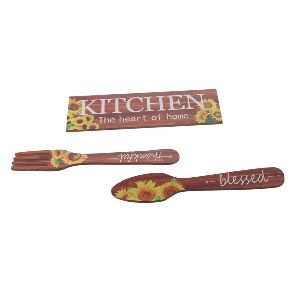 

3 Pieces Wooden Sunflower Kitchen Decor Fork,Spoon 3Style Kitchen Blessed Thankful Wooden Signs Brown