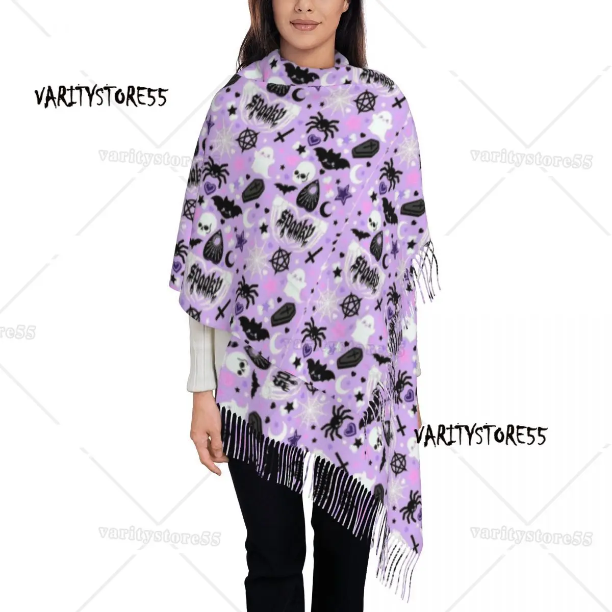 

Womens Scarf with Tassel Halloween Bat Spooky Skull Long Winter Warm Shawl and Wrap Spider Cute Daily Wear Cashmere Scarf