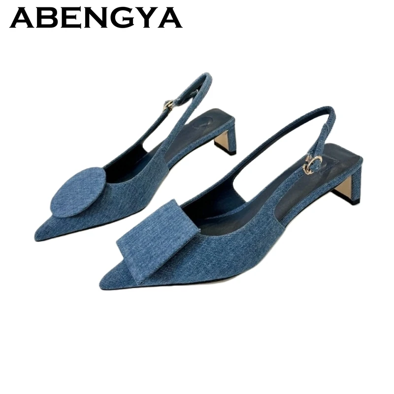

2025 Summer Pointy Toe Mid Heel Sandals Women Fashion Square Circle Buckle Slingbacks Pumps Sexy Party Dress Sandalias Femininas