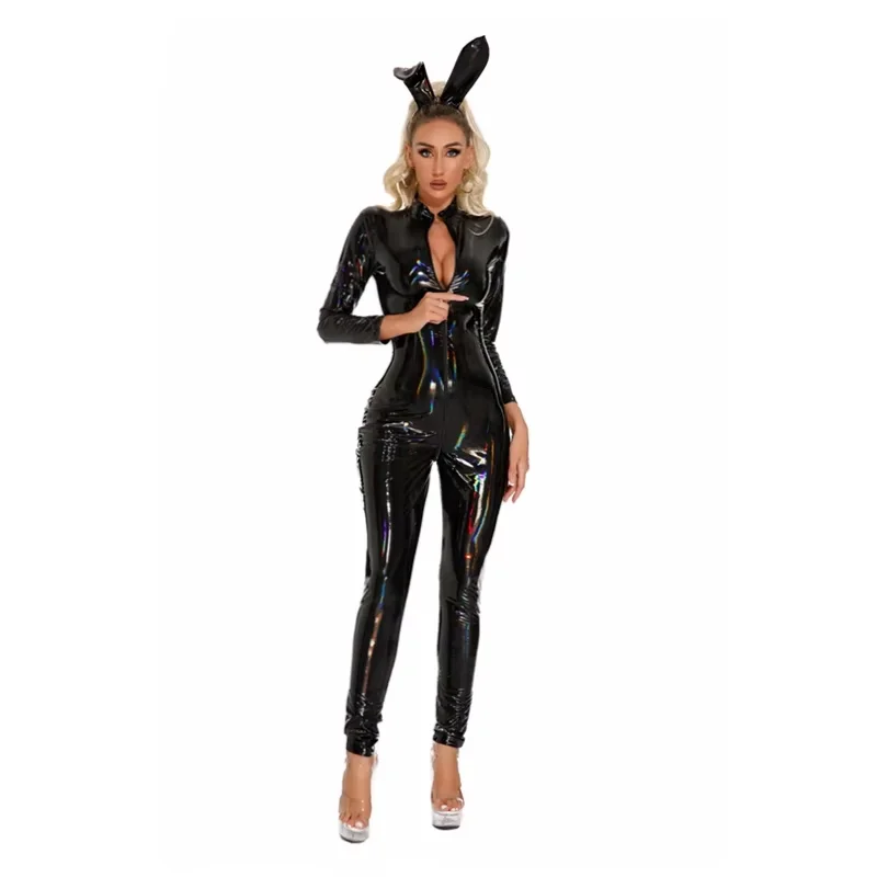

Sexy Hot Women Laser Leather Catsuit PVC Latex Bodysuit Front Zipper Open Crotch Jumpsuits Stretch Bodystocking Erotic Costumes