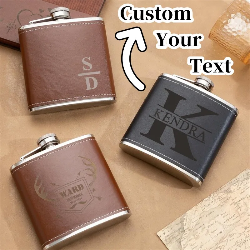 

Customized 6oz Portable Hip Flask Brown Black Leather Covered Stainless Steel Flask Personalized Alcohol Whiskey Flasks Man Gift