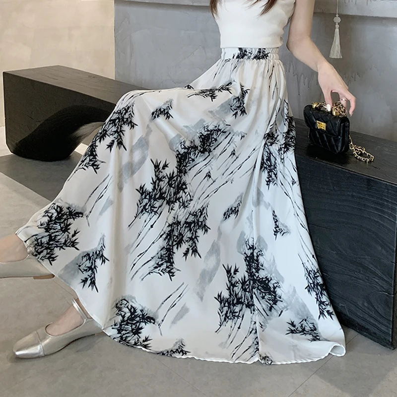 

Summer Long Skirts Women Ink Painting Big Swing Skirt Female Beach Maxi Skirts Ladies Vintage Loose Elastic Waist Holiday Skirt