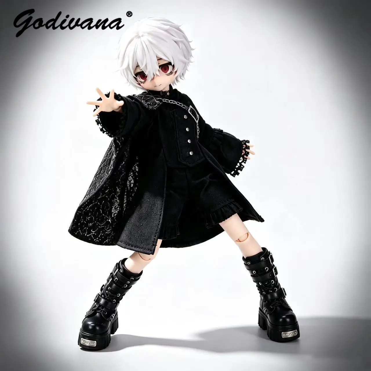 Ob11 1/12 BJD Doll Clothes Gothic Dark Flare Sleeve Lace Trim Top with Sundress Embroidery Cape and Pants Four Pieces Set