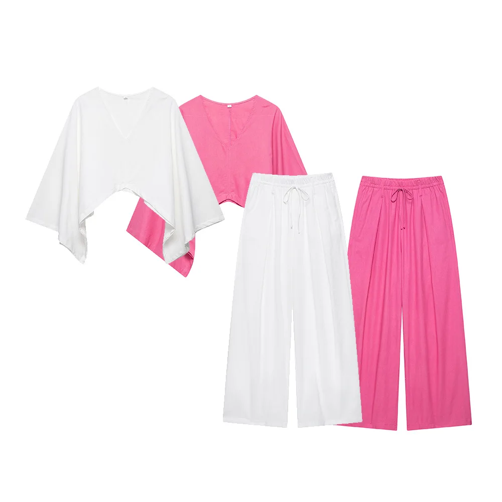 

2025 Summer New Women's Suit Solid Color Long-sleeve V-neck Shirt Tops + High Waist Wide-leg Trousers 2 Piece Sets Female Outfit
