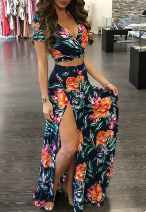 Damskie seksowne komplety 2-częściowe na lato, plażowe, w stylu boho, z kwiatowym wzorem, sukienka z dekoltem w serek, krótkie topy i spódnice maxi z wysokim rozcięciem.