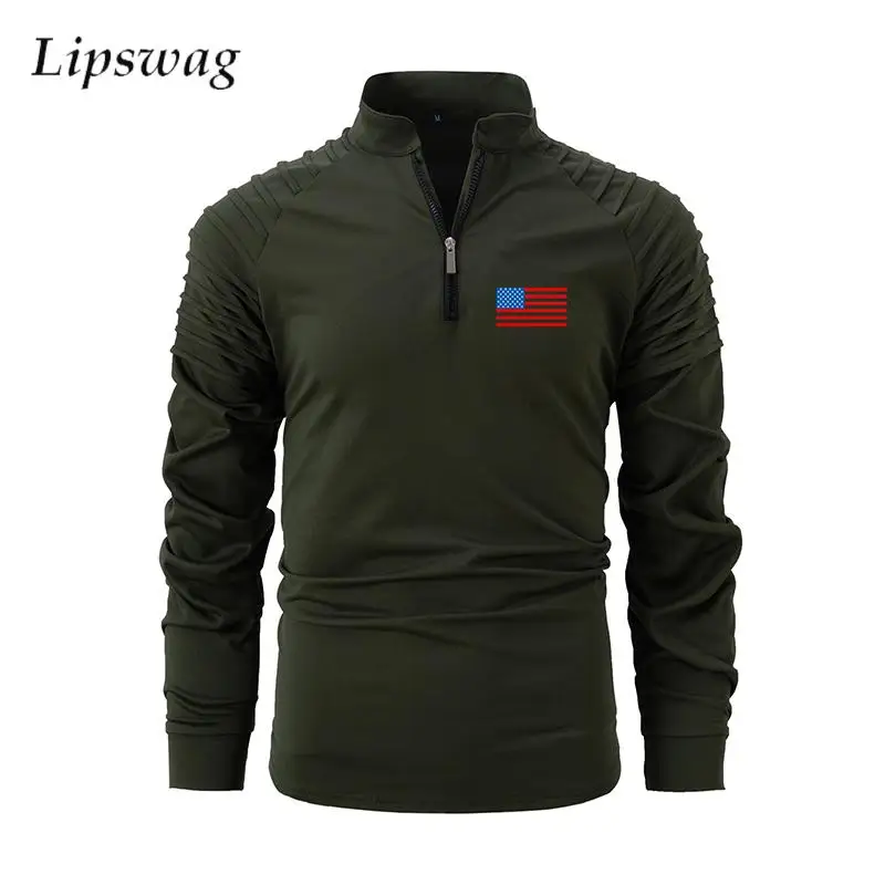 USA Flag Printing Pullover Tops Mens Vintage Zipper Stand Collar Polo Shirt 2025 Spring Fall Casual Long Sleeve Pleated T Shirts