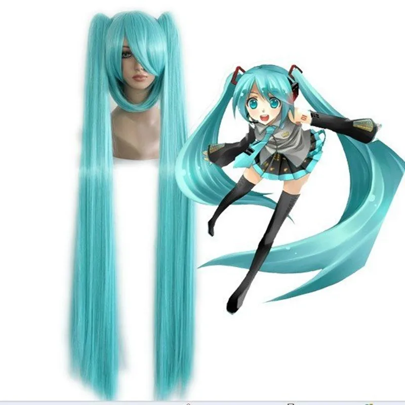 HAIRJOY włosy syntetyczne długie proste zielone peruka do cosplay z 2 klipsami w kucykach Vocaloid Hatsune Miku peruka kostiumowa