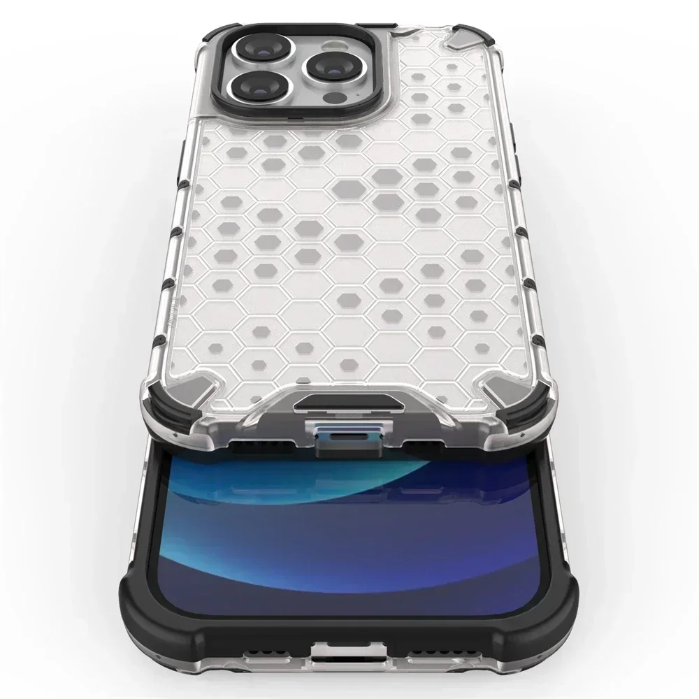 Honeycomb Shockproof for IPhone 15 Pro Max 14 Plus 13 12 11 Pro Max Mini Plus XS X XR 7 8 SE 4G 5G Translucent Protective Case