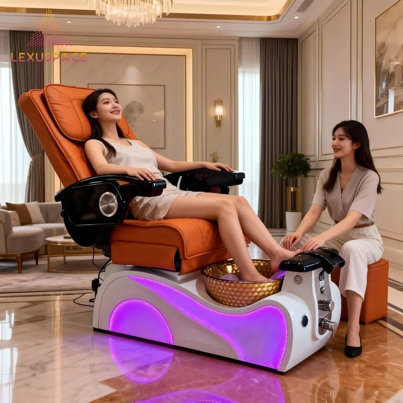 Salon Furniture LED Ambient Light Pedicure Chair with Whirlpool Tub for Nail Salons Spas