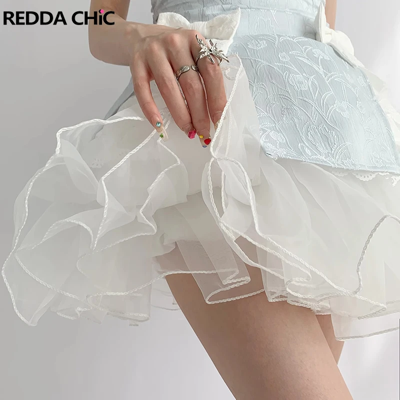 REDDACHIC 여성용 발레코어 티어드 오간자 페티코트 미니 스커트, 흰색 단색 탄성 허리 퍼프 언더스커트, 로리타 코스프레 코스튬