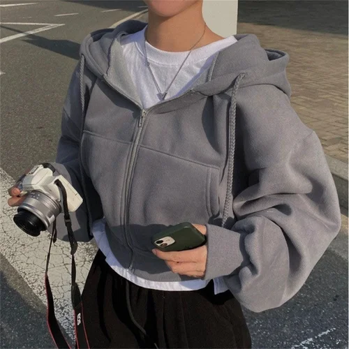 Imagen 2 del producto Sudaderas con capucha y cremallera para mujer, abrigo coreano liso de manga larga para otoño e invierno, Chaqueta corta Harajuku Y2K, ropa de calle informal para mujer