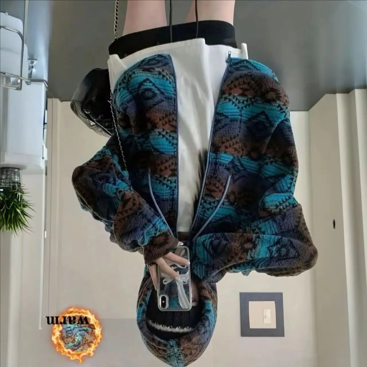 

New autumn and winter women casual retro warm double-sided plush contrast plaid jacket fashionable street Harajuku hooded jacket