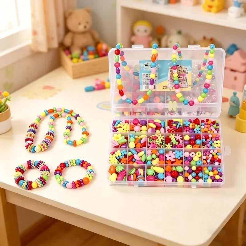 Toddler Girls Beaded Toy Set Craft Beads Material Kit Storage Box For Handmade Jewelry Making Home Educational Interactive Game