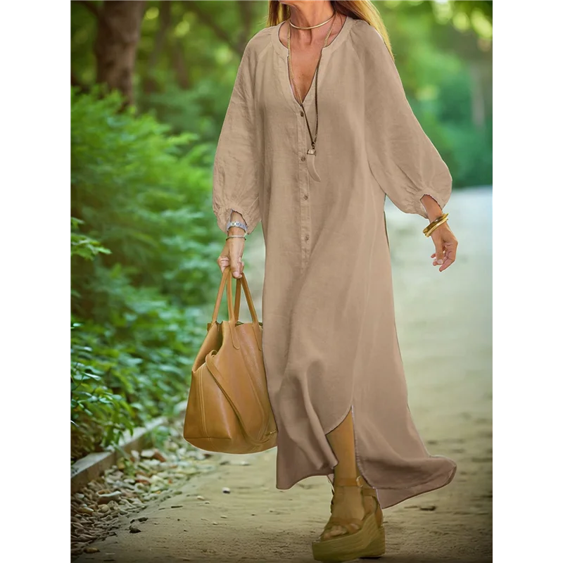Vestido camisero de lino largo con cuello de manga larga de verano para mujer Vestido recto tipo túnica con botones sueltos