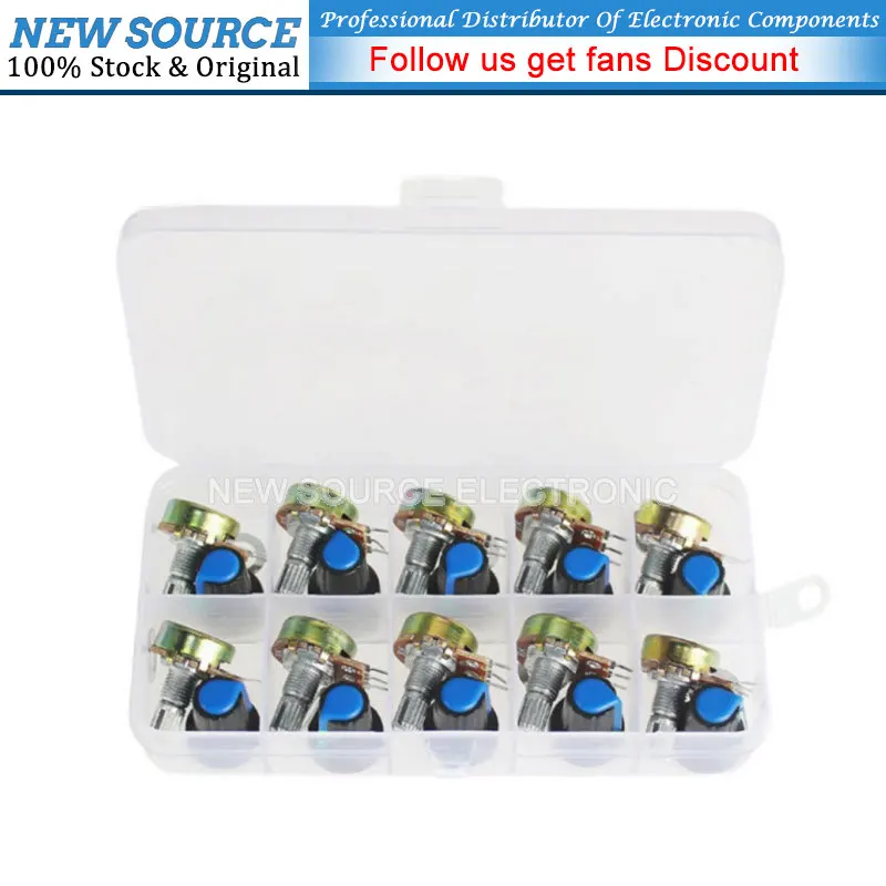 

WH148 Potentiometer Kit B1K 2K 5K 10K 20K 50K 100K 500K 1M 15mm Linear Taper Rotary Potentiometer Resistor Set 3pin With Cap