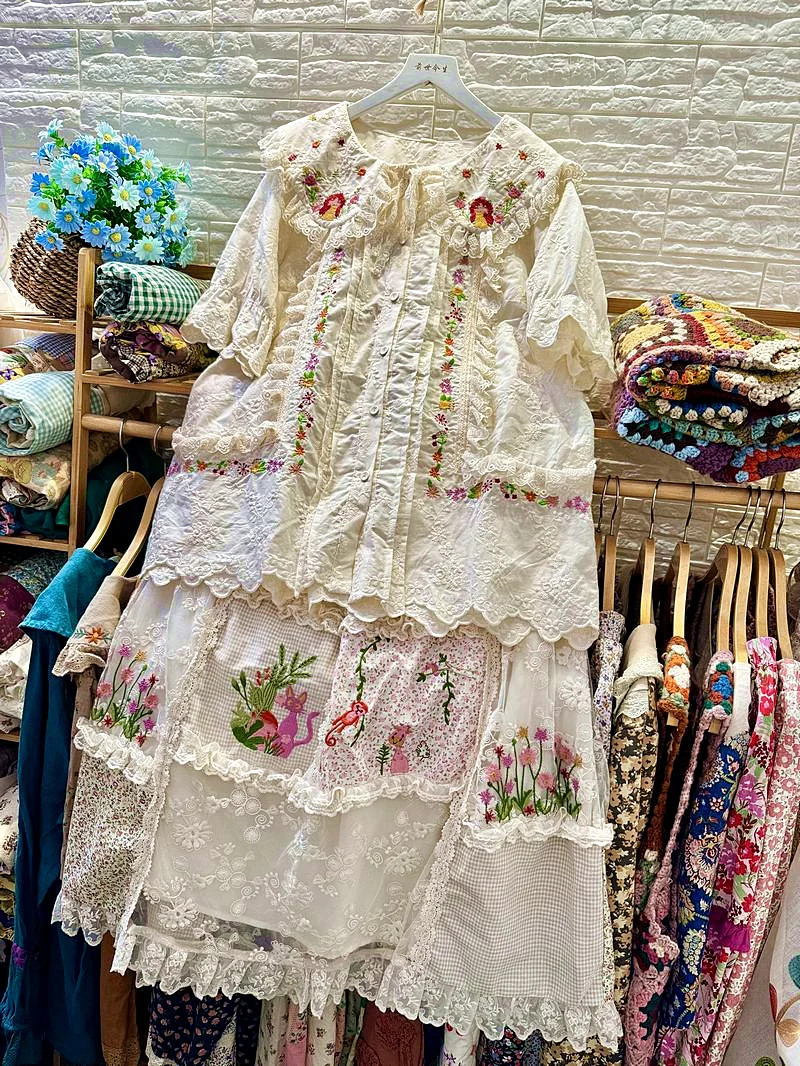 Vintage Mori Girl Embroidery Lace Patchwork Midi Long Skirt 2024 Summer Women Retro Chic Korean Lolita Cottage Core A-line Skirt