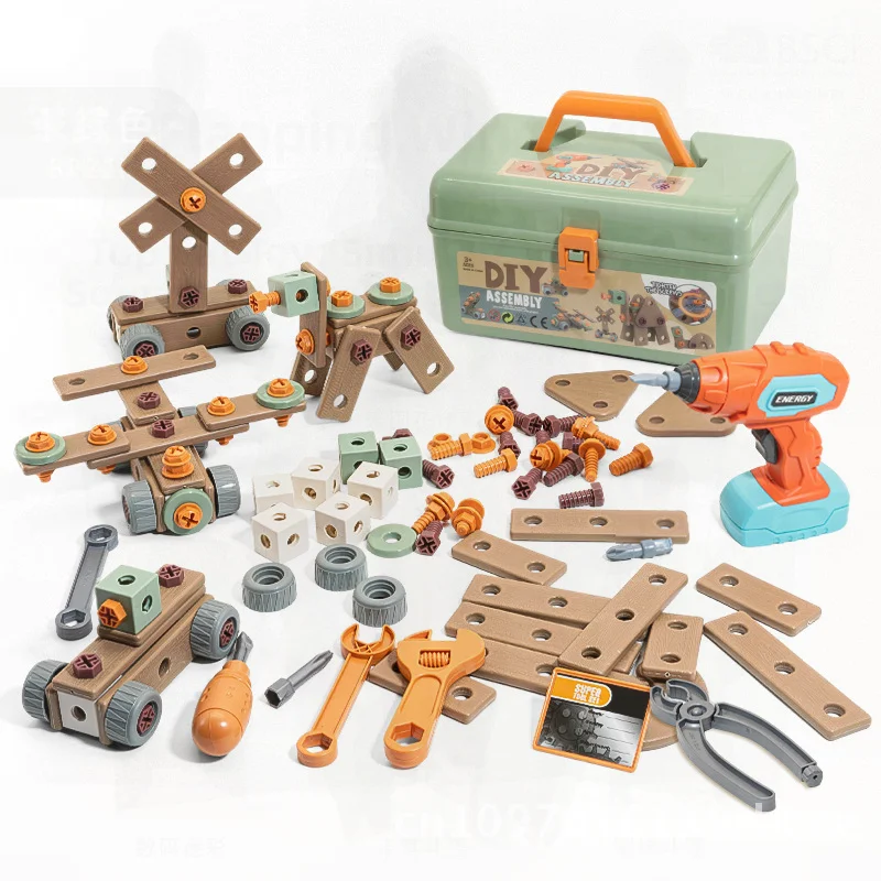 Boy's Educational Electric Drill Toy Toolbox Simulation Screwing & Repair Disassembly Game for Children Aged 4-6 Hand-Eye