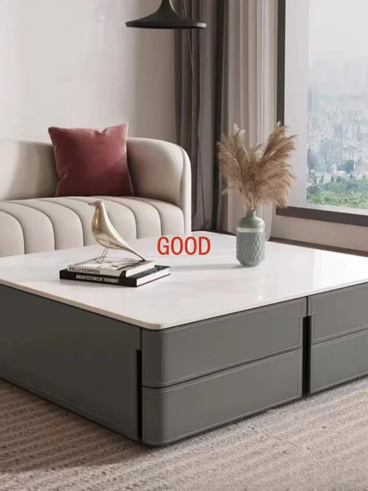 Xl Square Saddle Leather Tea Table Stone Plate Tea Table Square Large Tea Table Living Room Furniture