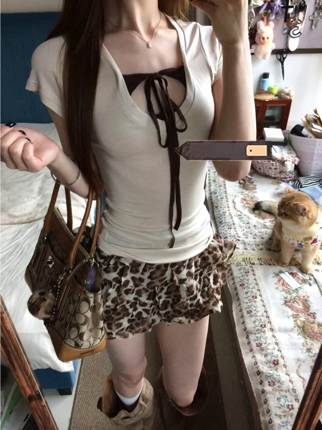 Korean Design Leopard Print  Skirt Women's Summer American Retro Small Cake Half Skirt High Waist Lace Micro Elastic Casual