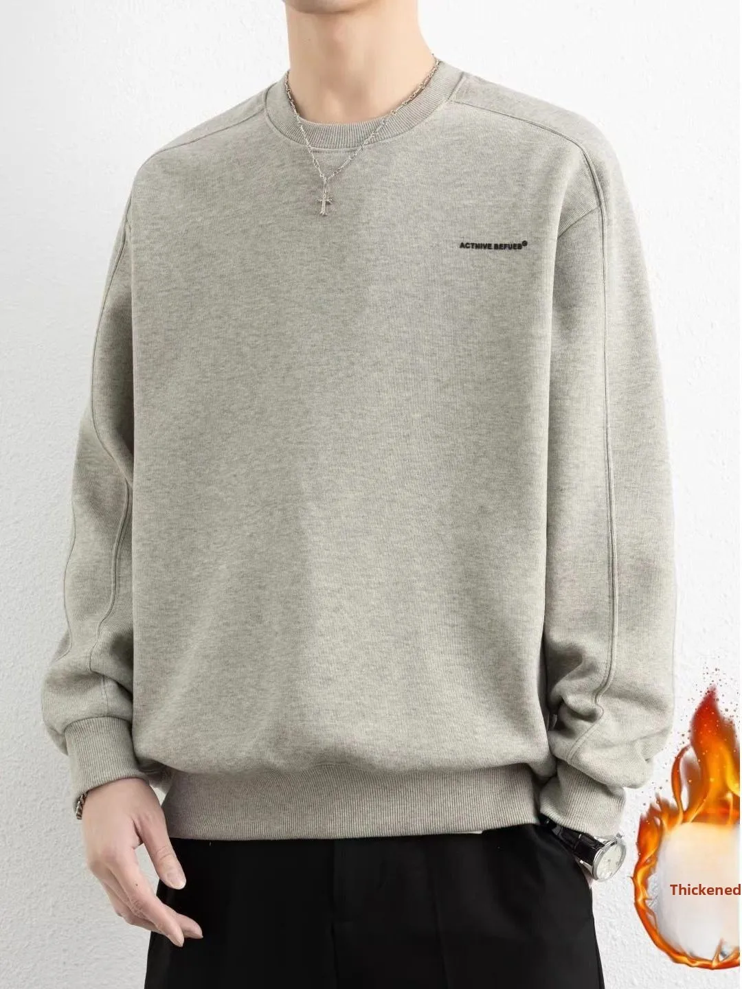 

Thiened Fce Lined Embroidered Sweatirt Men's Casual Sle round Ne Warm Base Layer Loose Fit Faionable Autumn Wint...