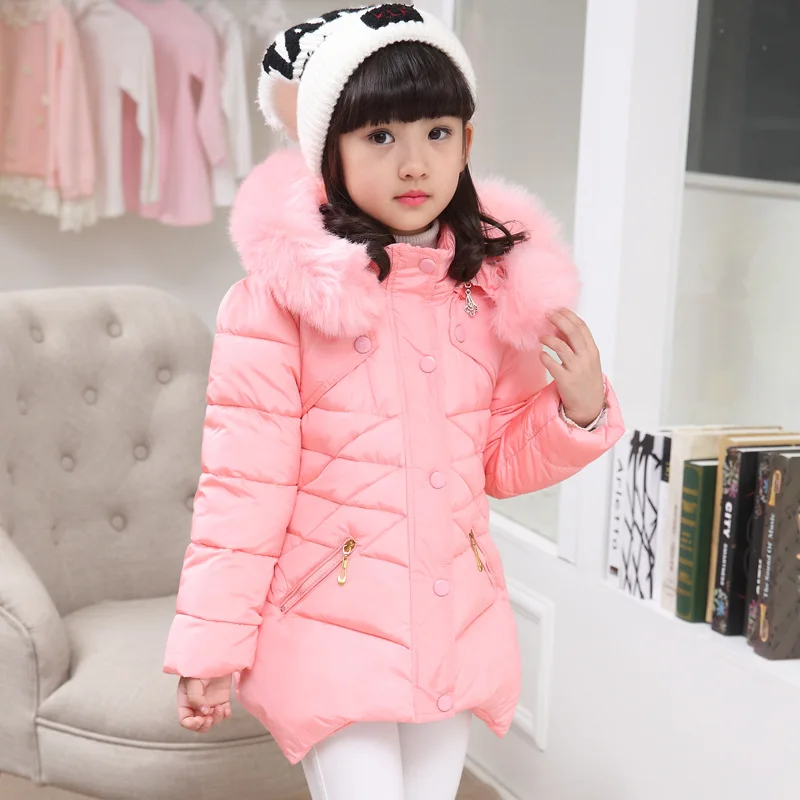 2024 Winter Girls Jacket Solid Color Mid-Length Thicken Cold Protection Hooded Down Cotton Windbreaker Coats For 4-12 Years Old