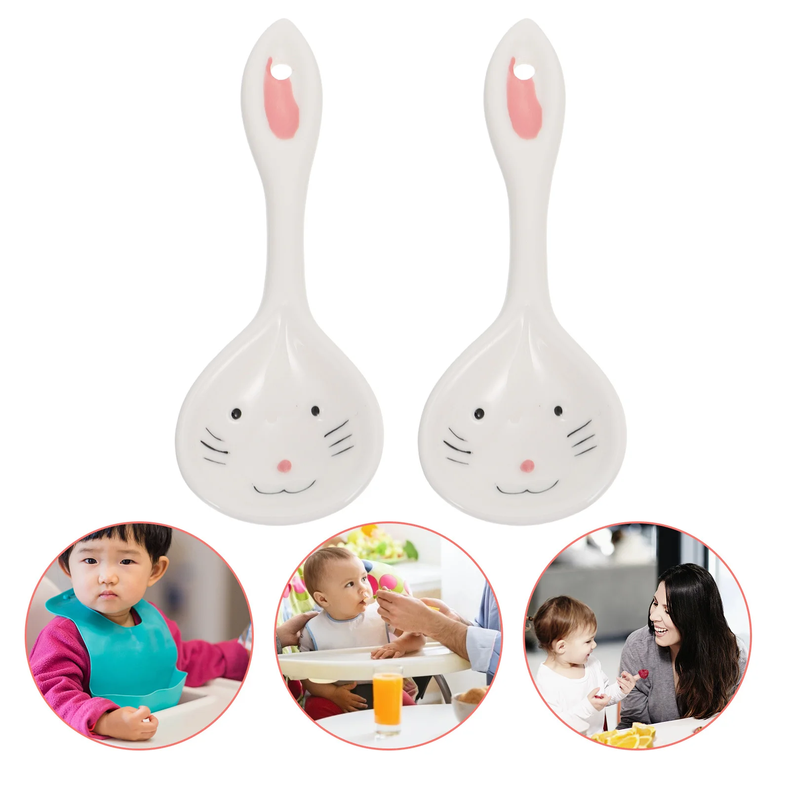 

2 шт. керамические детские ложки, детская посуда, милый дизайн с кроликом, безопасные закругленные края, гладкая поверхность, мультяшный стиль