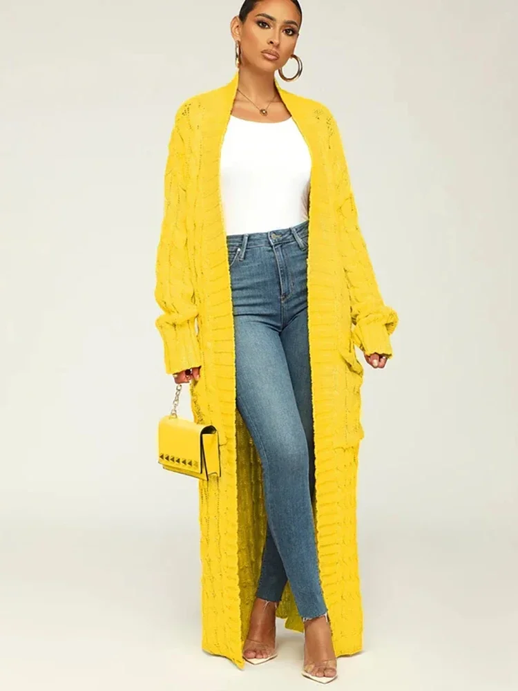 

Kintted Cardigan Women Long Jacket Autumn Winter Yellow Crochet Loose Long Sleeve Woman Sweater Warm Jumper Causal Cardigans