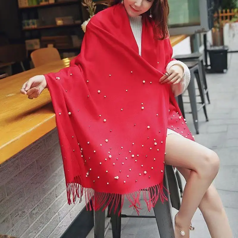 

Luxury Pearls Solid Color Cashmere Scarf Women Winter Warm Pashmina Scarves Tassel Casual Bufanda Poncho Lady Wraps Shawls