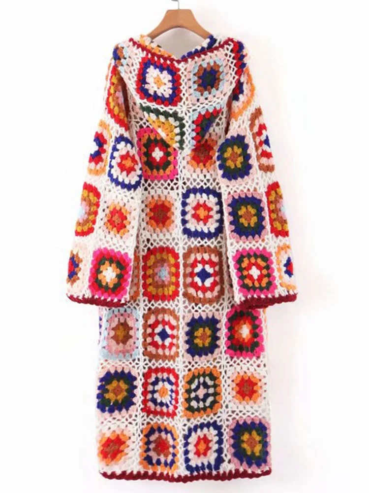 GypsyLady Vintage Handmade Kintted Sweater Cardigan Multicolor Crochet Hooded  Women Winter Cardigan Long Sweater Outerwear Coat