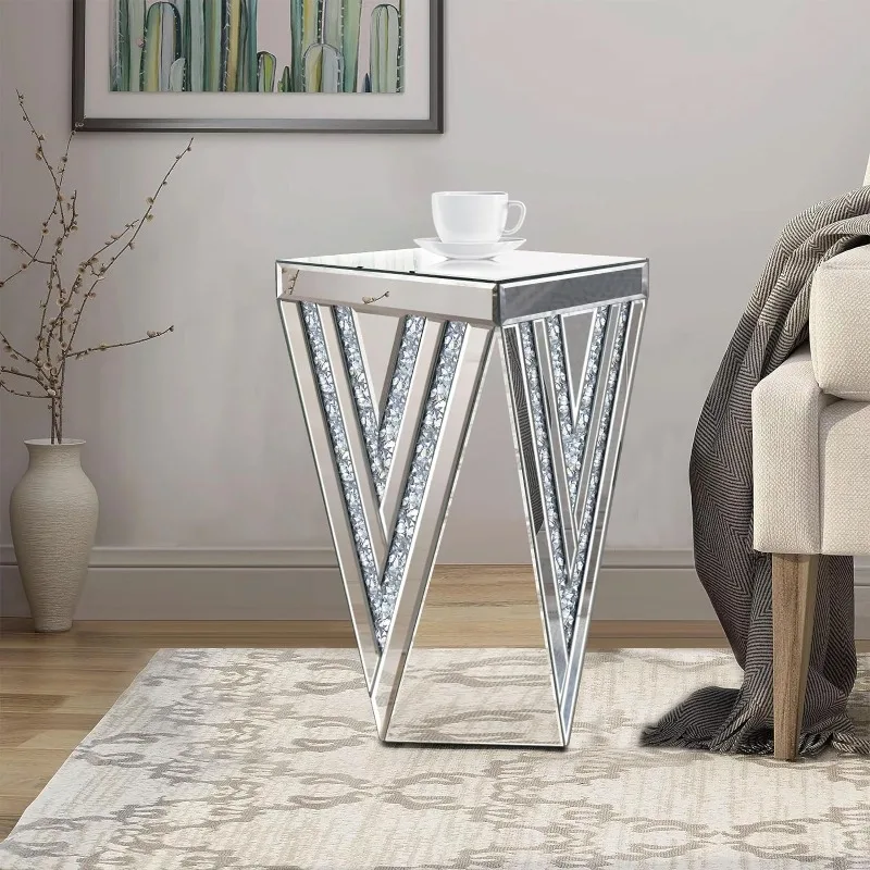 

Pregaspor Silver Mirrored End Table, Gorgeous Side Table with Crystal Inlay, Small Mirrored Coffee Table