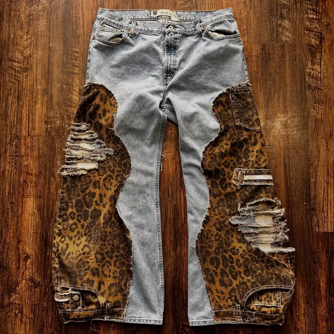 Harajuku Retro Unique Destruction Design Leopard Print Patchwork Washing Jeans Men's Loose Casual Street Hip-hop Wide-leg Pants