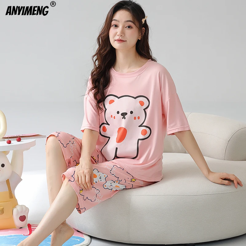 M-6XL Big Size Nightwear Calf-length O-Neck Sleepwear for Women Faux Cotton Capris Pajama Pijamas for Woman Lady Pajamas Set