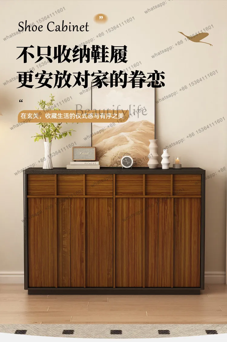 YJ Modern Minimalist Skeleton Line Solid Wood Shoe Cabinet Walnut Color Flat Door Entryway Storage Cabinet Home Furniture