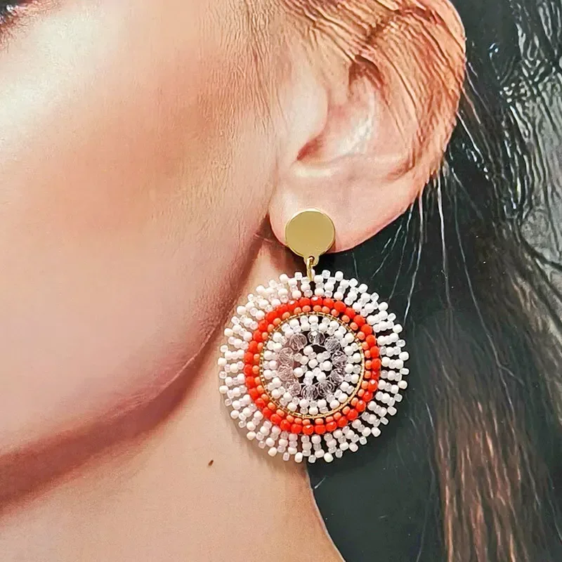 Bohemia Alloy Rice Bead Earrings for Women Simple Hand-Knitted Crystal Versatile Fashion Roundness Originality