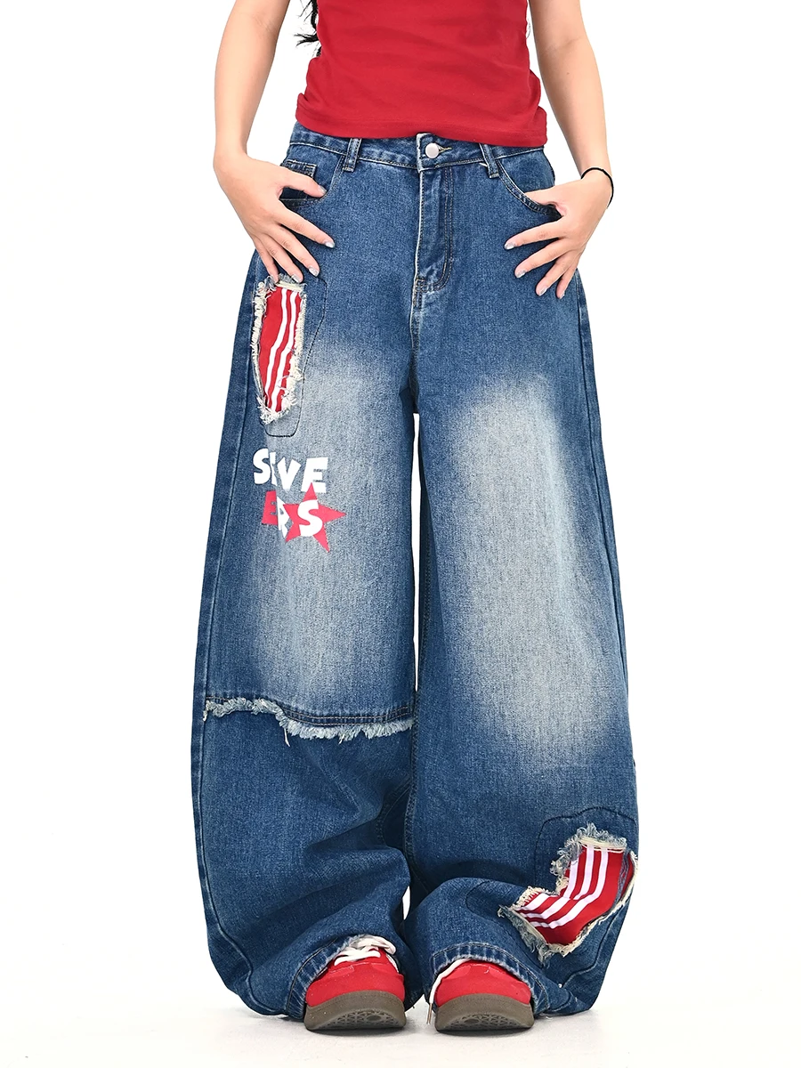 

Женские широкие джинсы Waed Denim Blue Hole Letter в корейском стиле, свободные, повседневные, удобные, новинка весенней коллекции