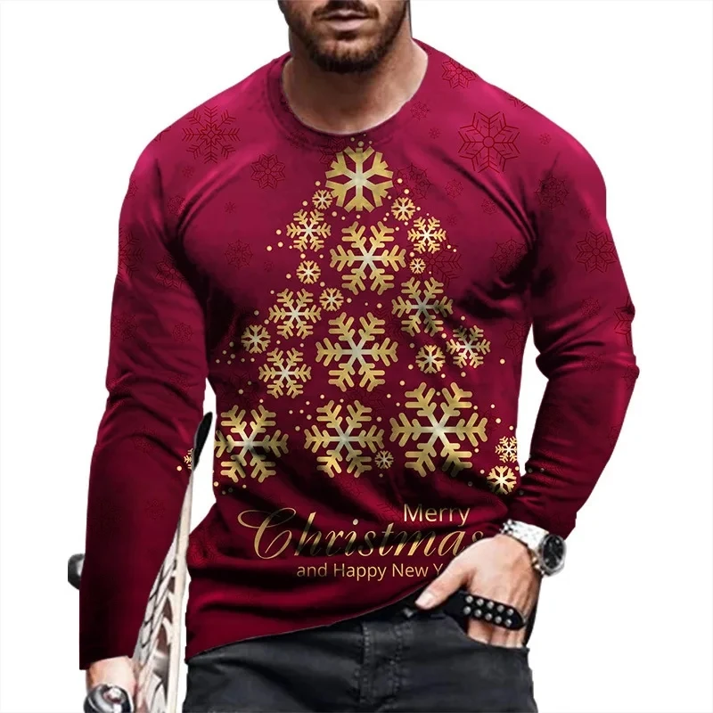 New Festivals Pattern Christmas European Size Long Sleeved T-shirt For Men\'s Casual Autumn Trend Top Round Neck Tees