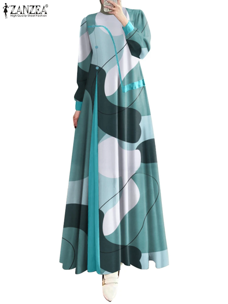 ZANZEA Fashion Abaya Hijab Muslim Dress Women Long Sleeve Islamic Clothing Ramadan Vestido Autumn Floral Printed Maxi Sundress