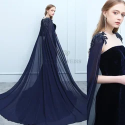 Long Wedding Cape Bridal Cloak Shawl Coat Chiffon Party Wrap Crystal Applqiued Shoulder Drag Train Customized