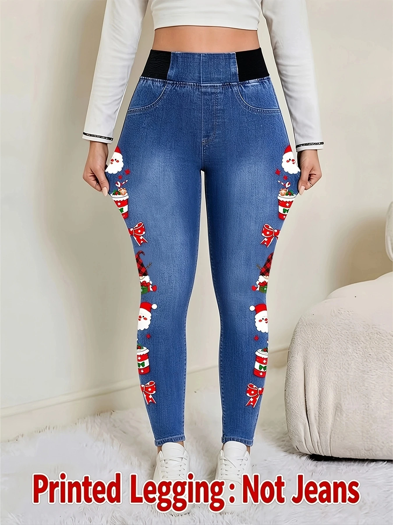 Women Printed Leggings Not Denim Fabric, Fake Pocket & Button Print Design Pants, High Elastic Fashion Slim Fit Skinny Casual