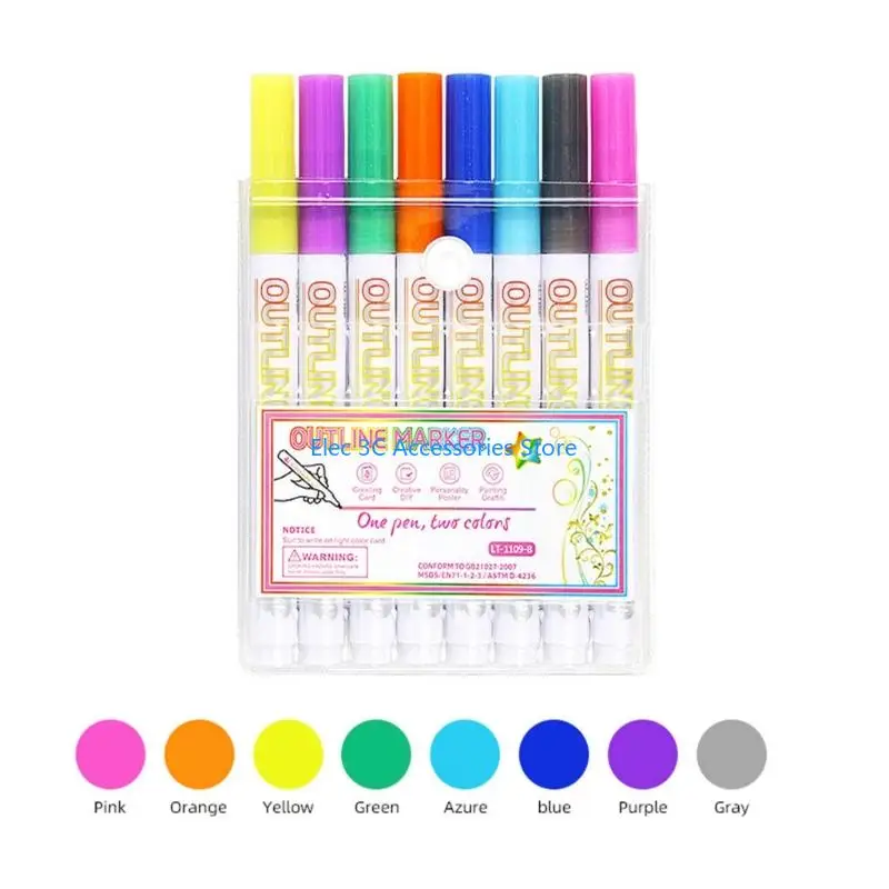 Y51A Colorful Outline Pen 2mm Line Wide Metallic Highlighter Markers Pen for Children Student Card Making Drawing Doodling