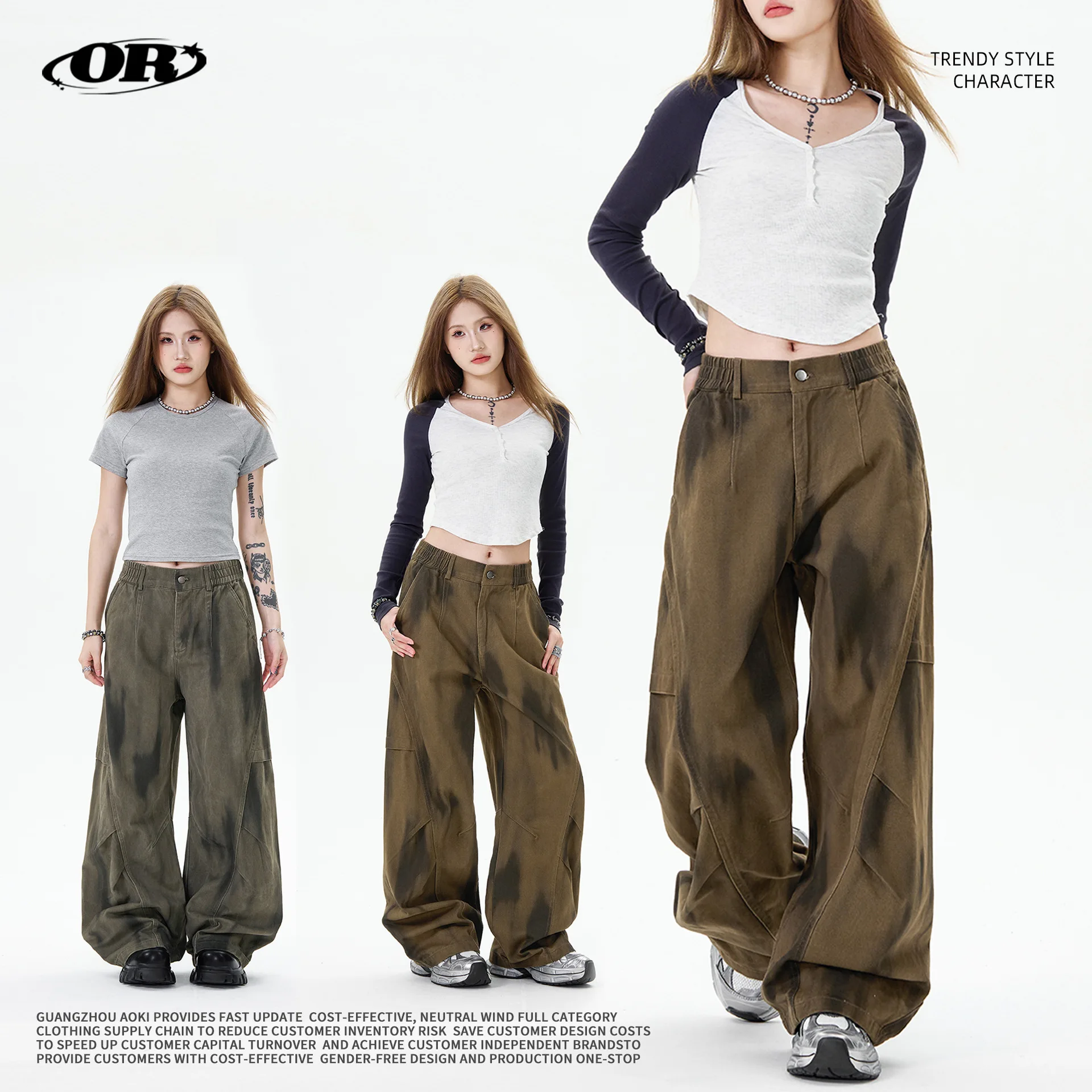 OR FL Tie-dye Gradient Curved Knife 100 Cotton Women Cargo Trousers Trendy Brand Pleated Wide Leg Leisure Staraight Pants Y2k