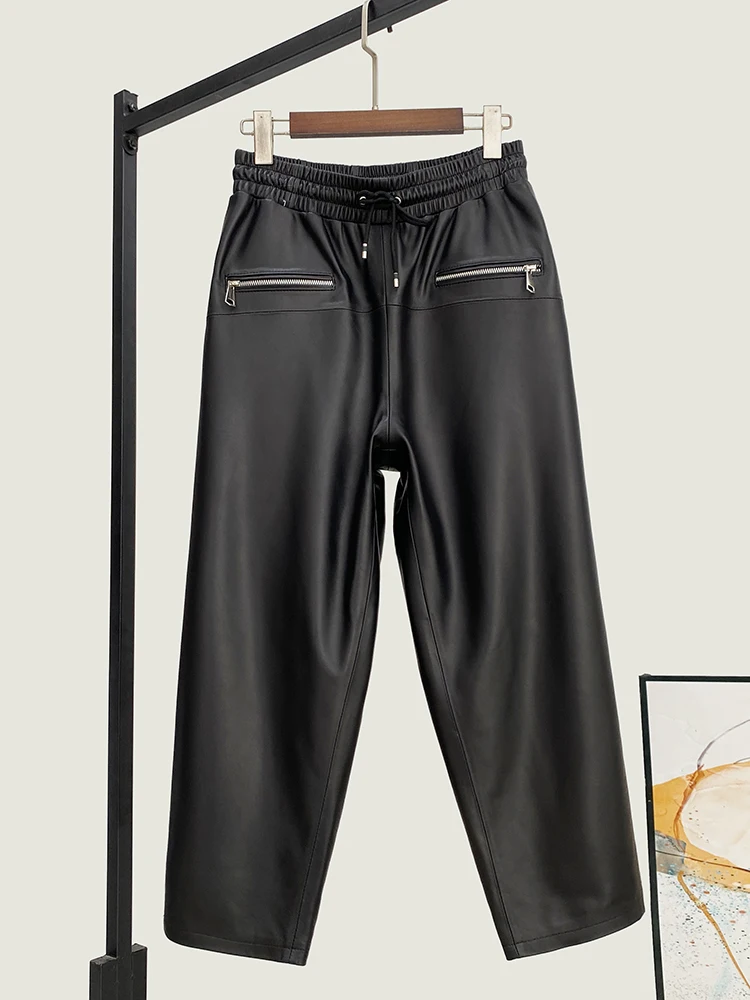 Winter New High Quality Genuine Real Leather Pants Women's Fashion All-Match Waist Loose Casual Cropped