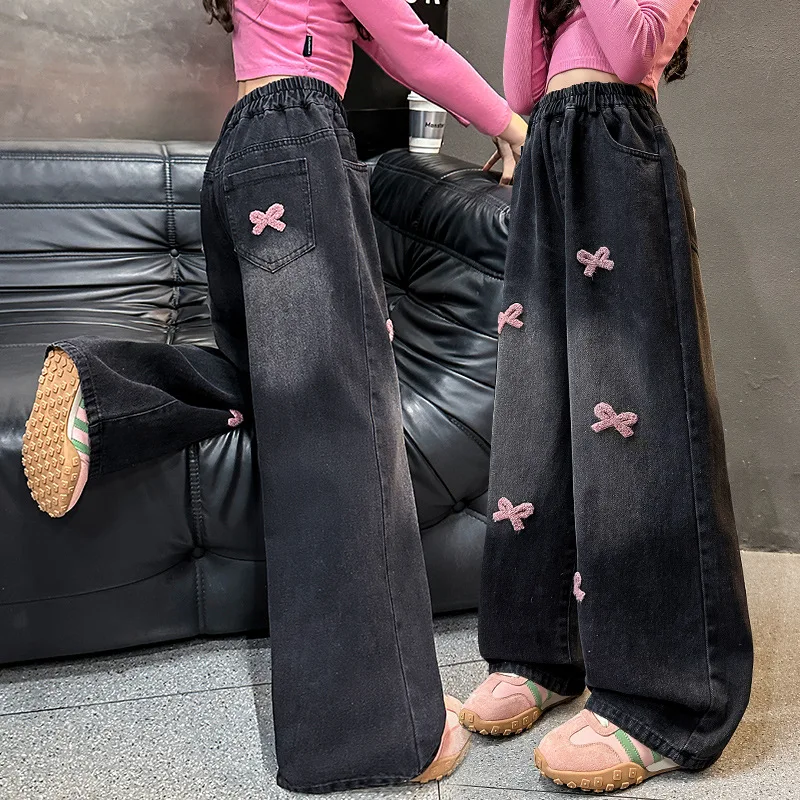 

Girls' Vintage Denim Pants for Spring and Autumn | Embroidered Bow Worn-in Wide-leg Fleece-lined Pants for Ages 7-14